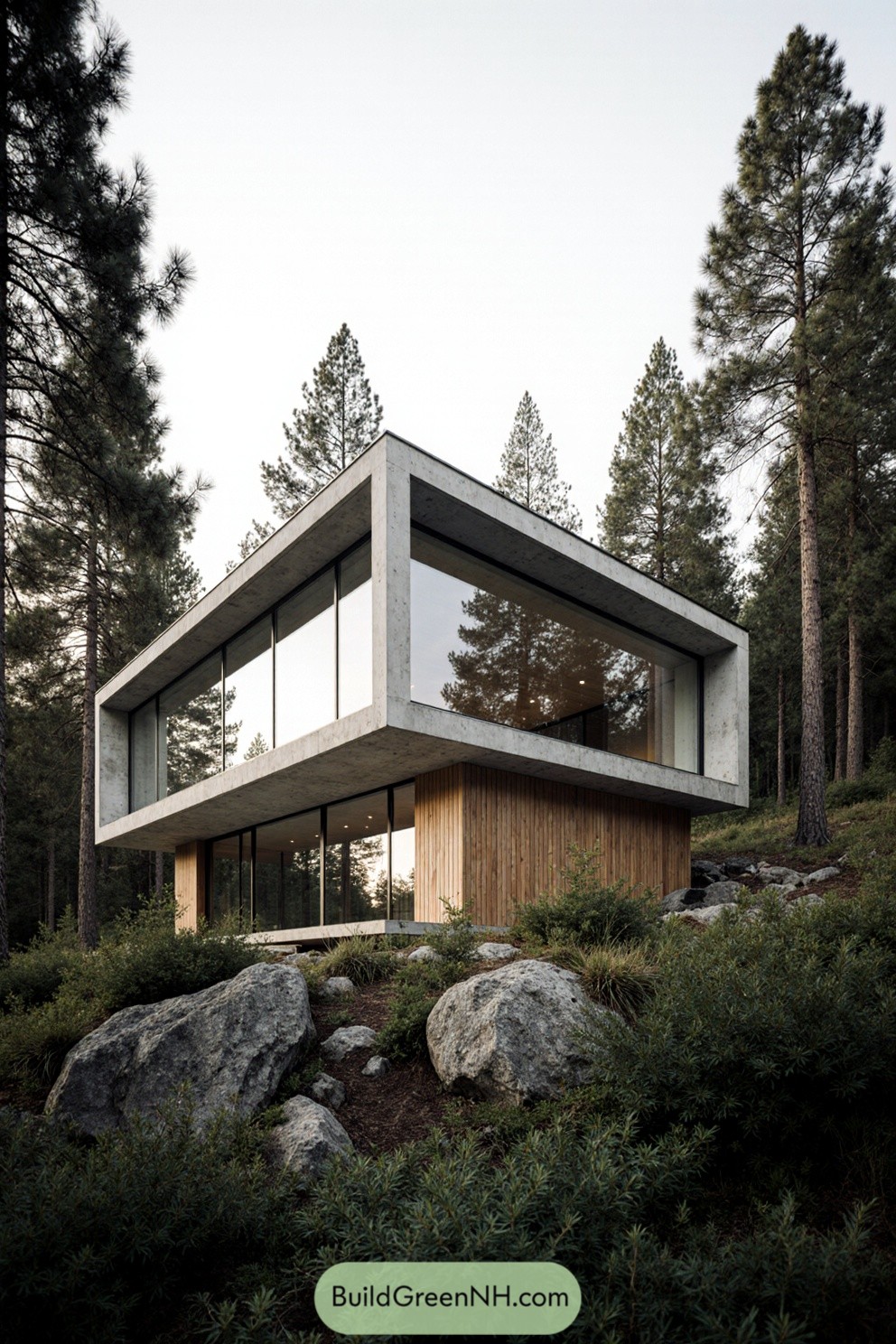 Modern villa with concrete and glass facade surrounded by trees