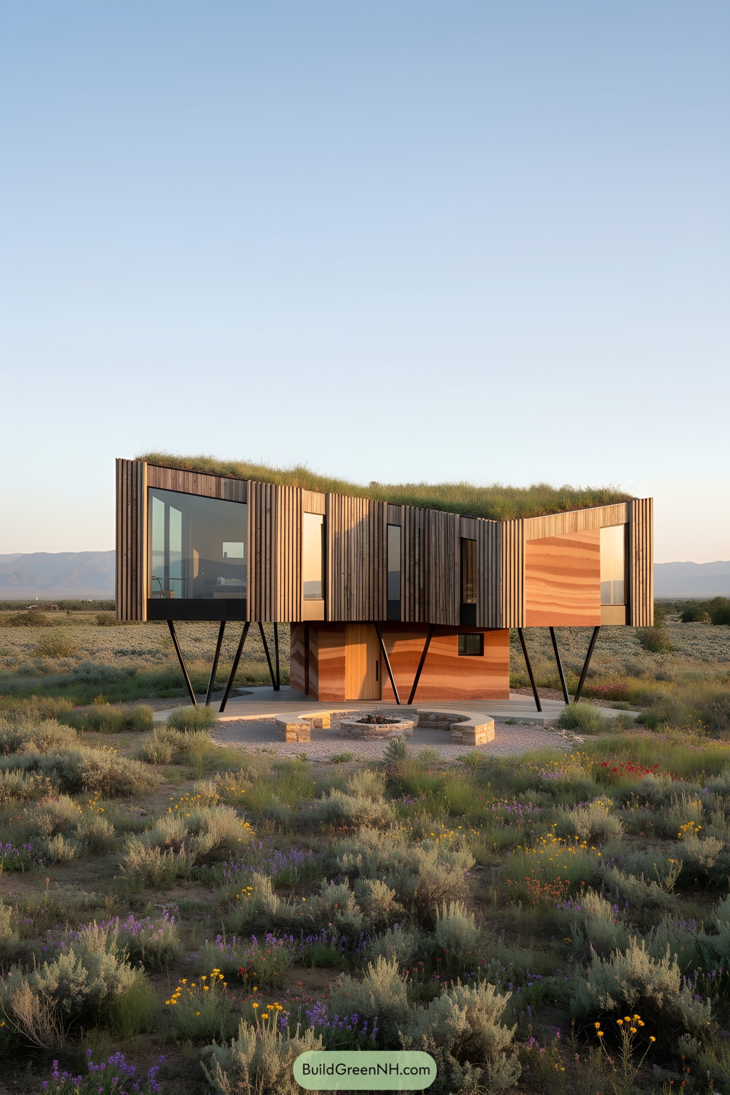 Modern house on stilts with grassy rooftop, set in a wildflower meadow