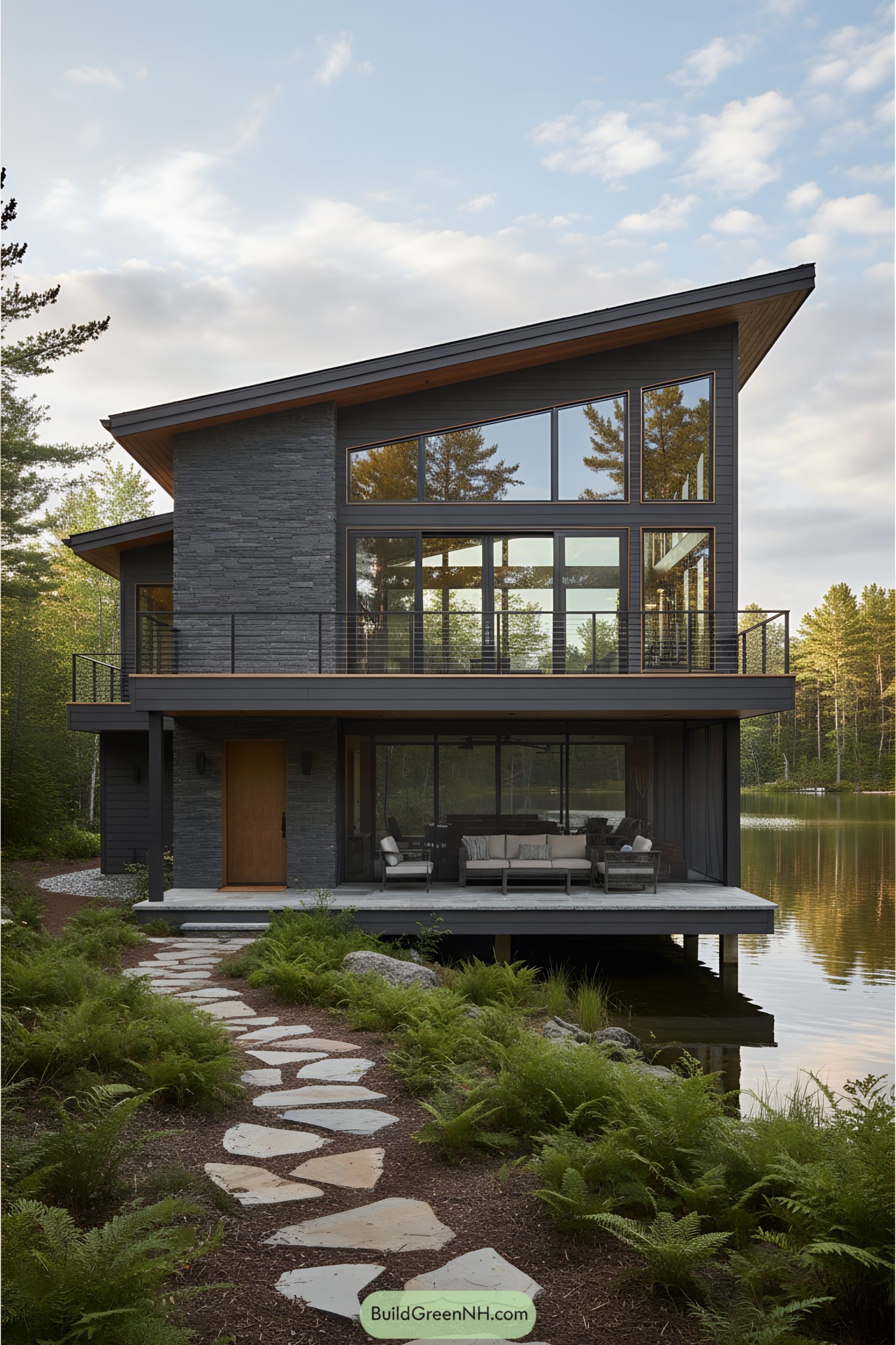 Modern stilt house with a patio by the water