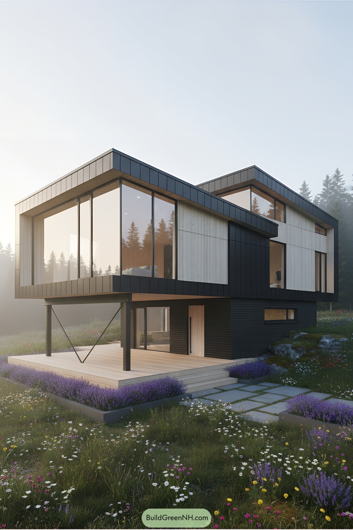 Modern stilt house with large windows and outdoor space underneath