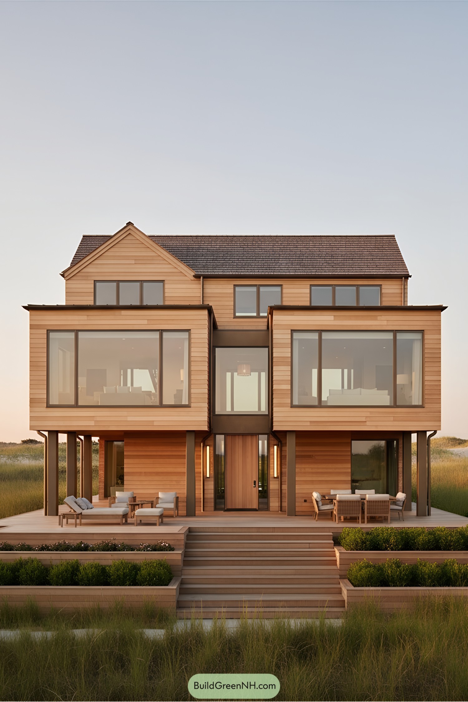 A modern house elevated on stilts with outdoor seating below