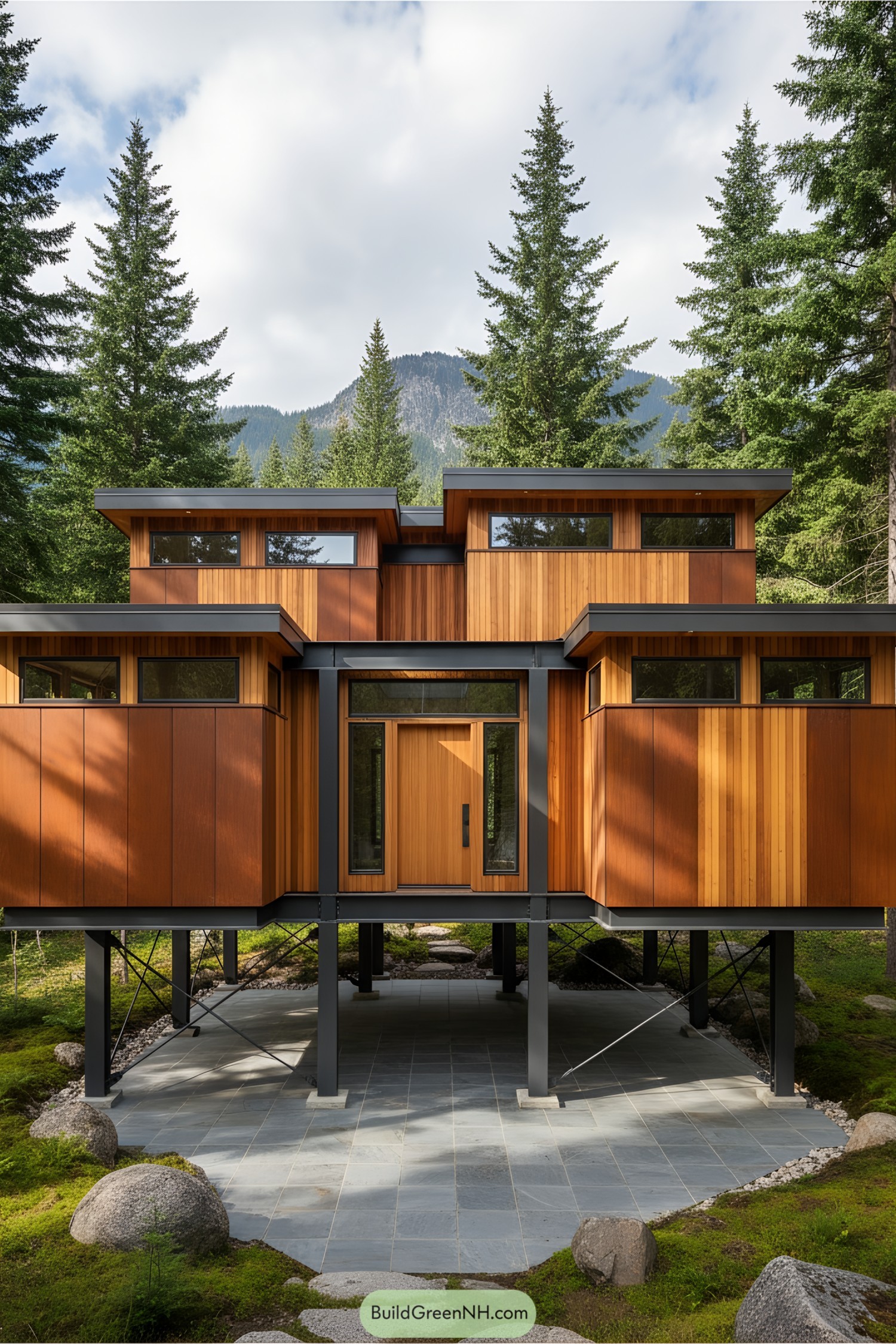 A house on stilts with a wooden facade in a forest setting