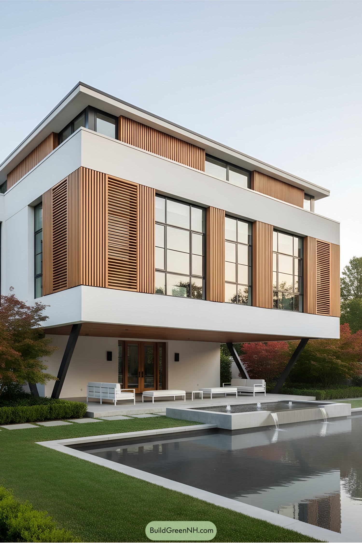 Modern house elevated on stilts with an outdoor space below