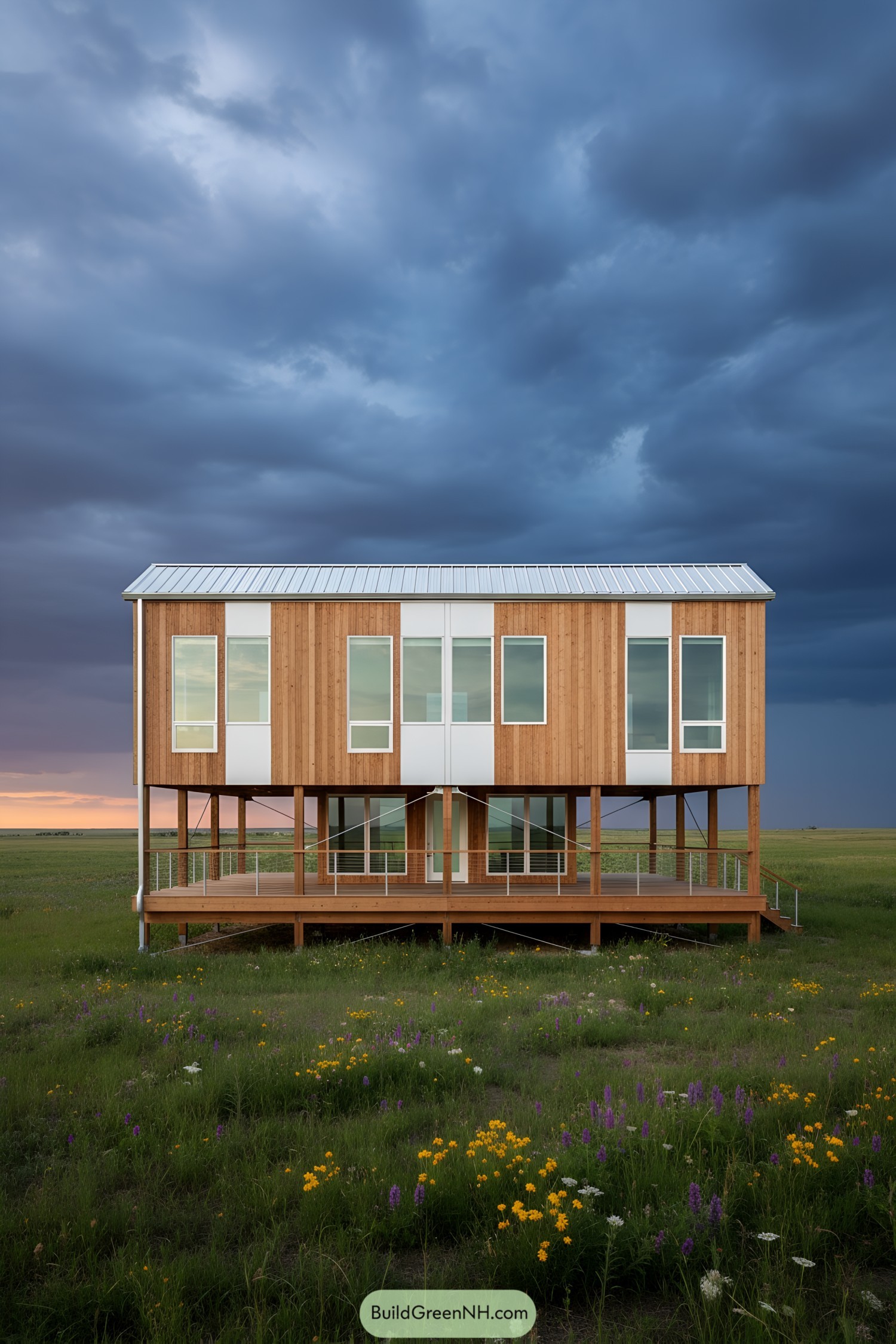 Modern stilt house surrounded by a lush meadow under a dramatic sky