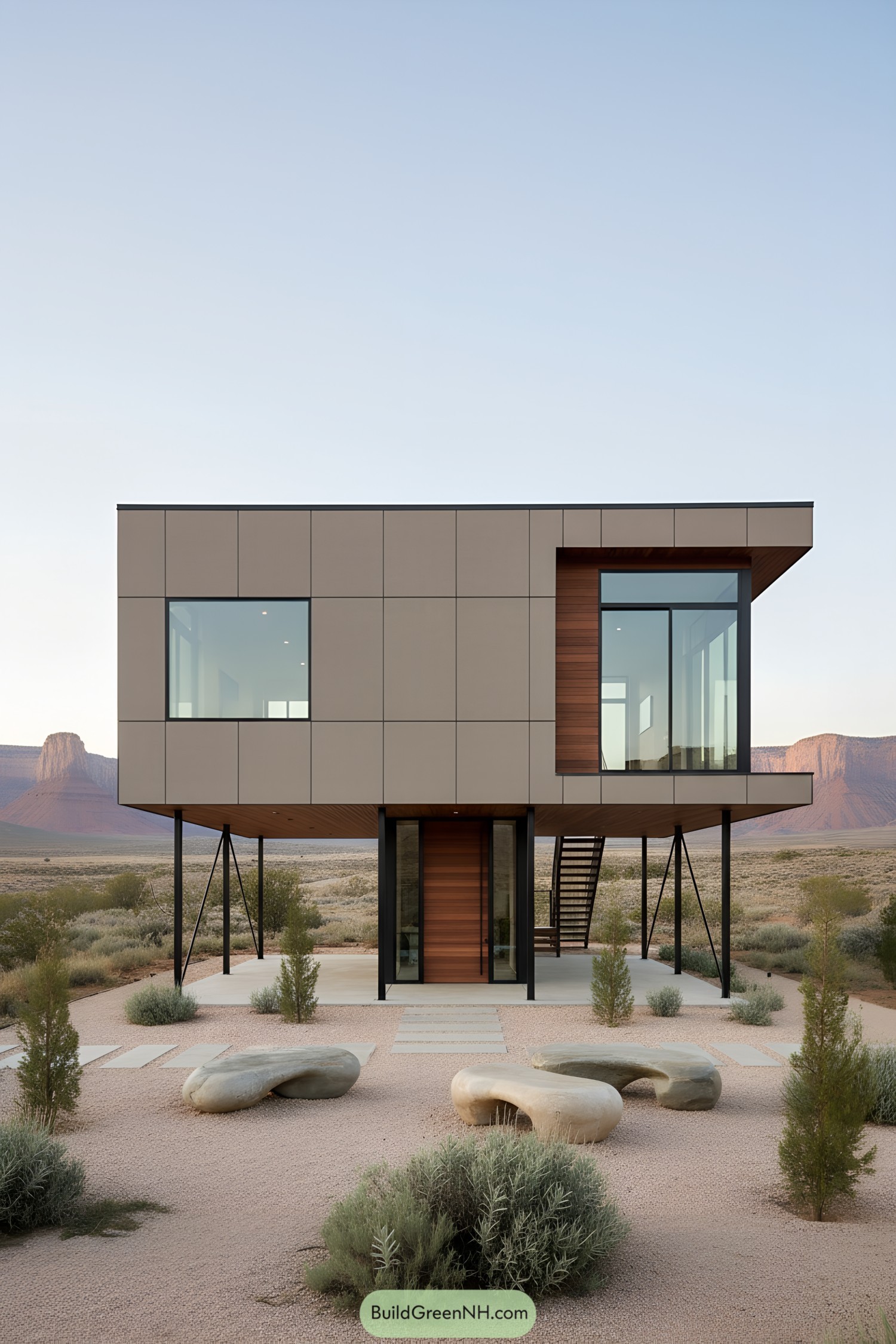 Contemporary house on stilts with desert landscape