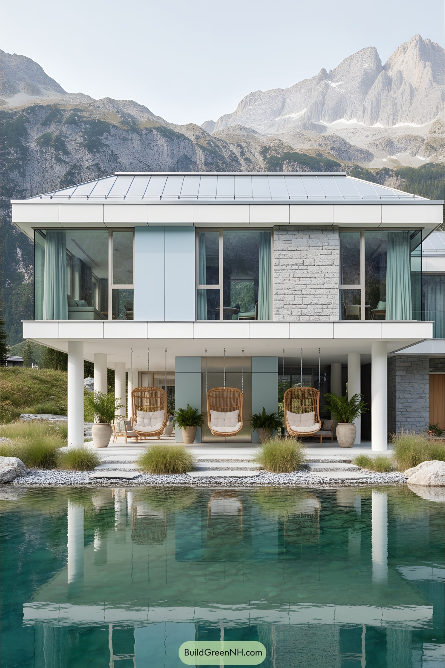 Modern house on stilts with serene outdoor lounge beneath, set by a tranquil pond