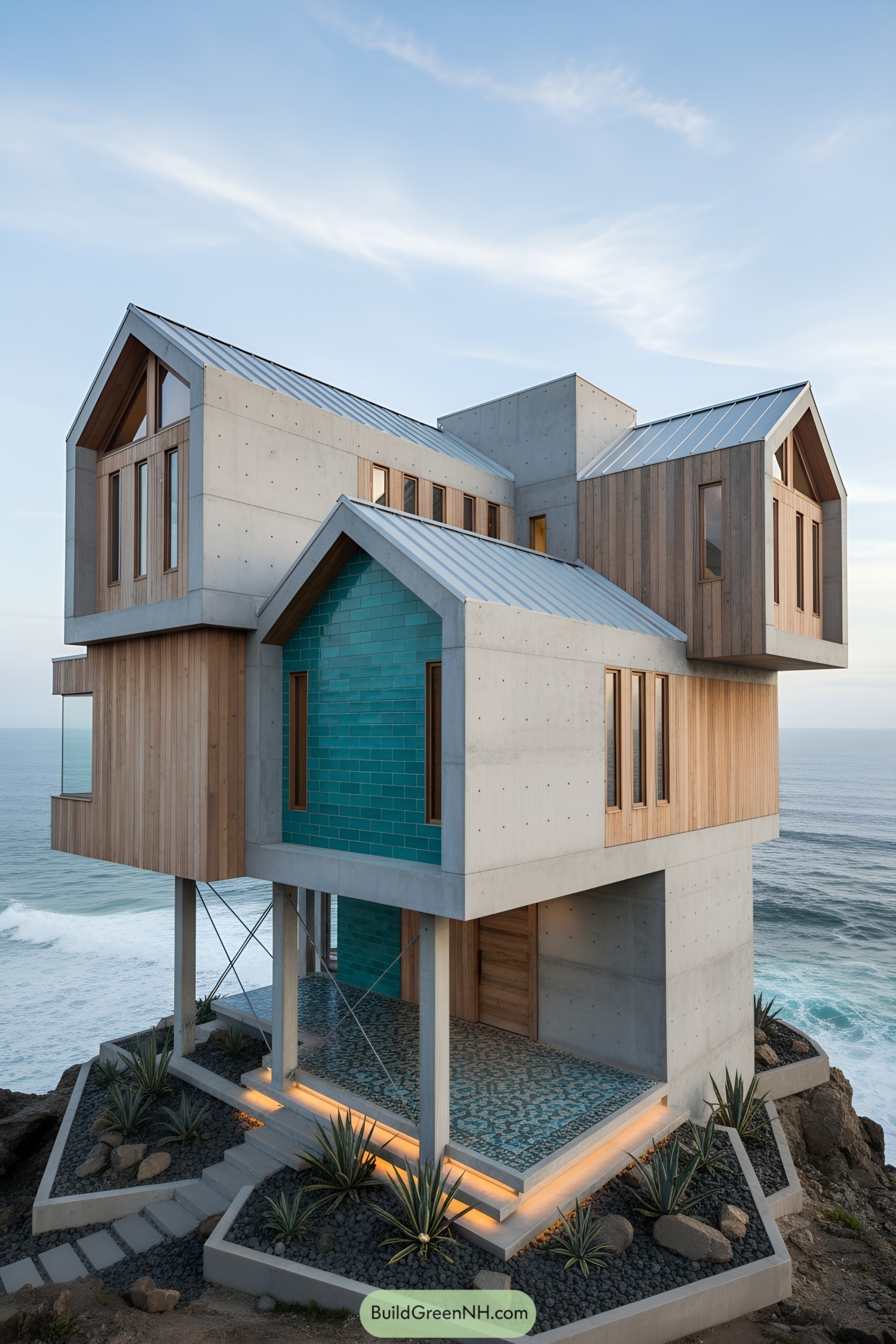 Modern house on stilts overlooking the ocean