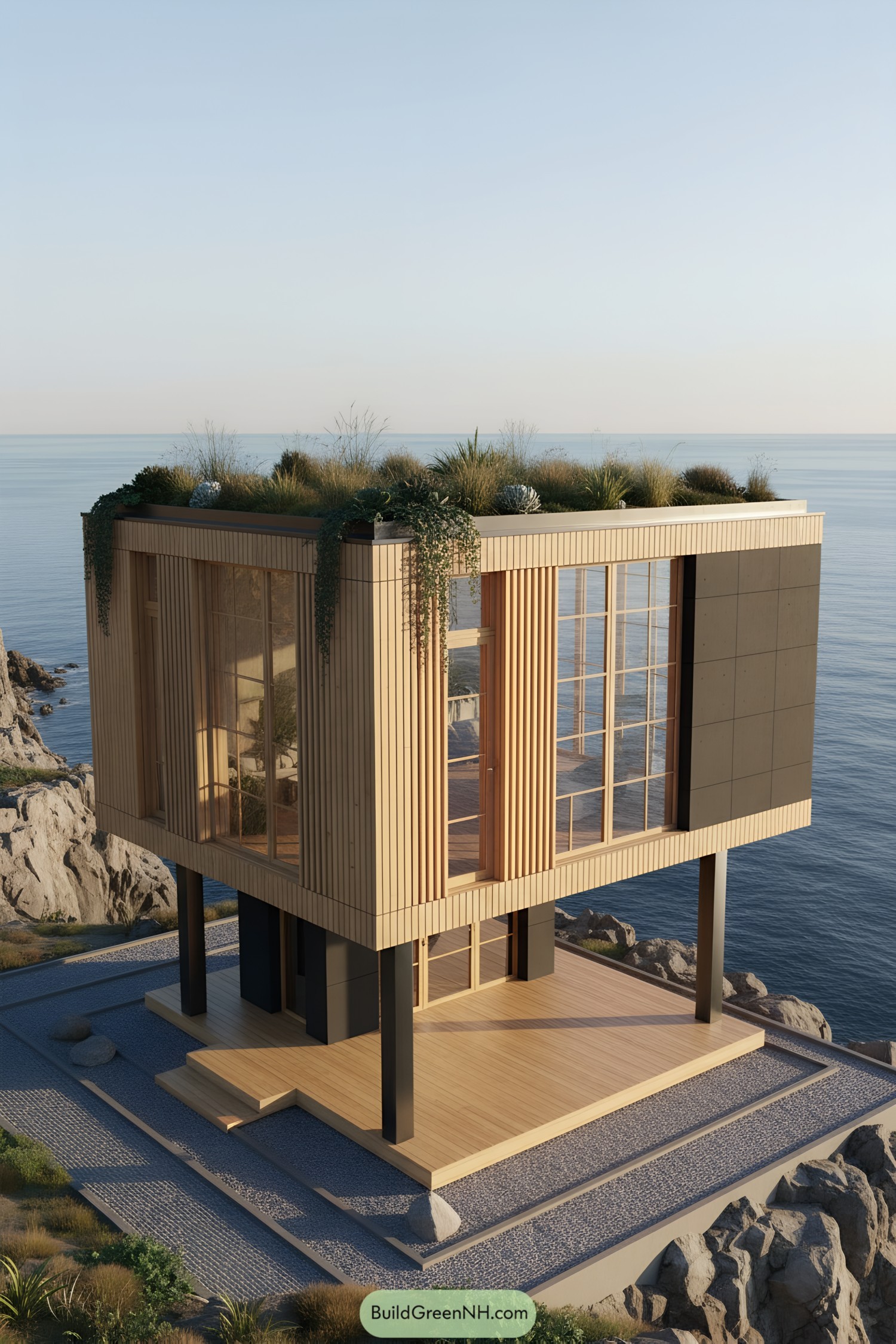 Modern stilt house perched above a rocky coastline with greenery on the flat roof