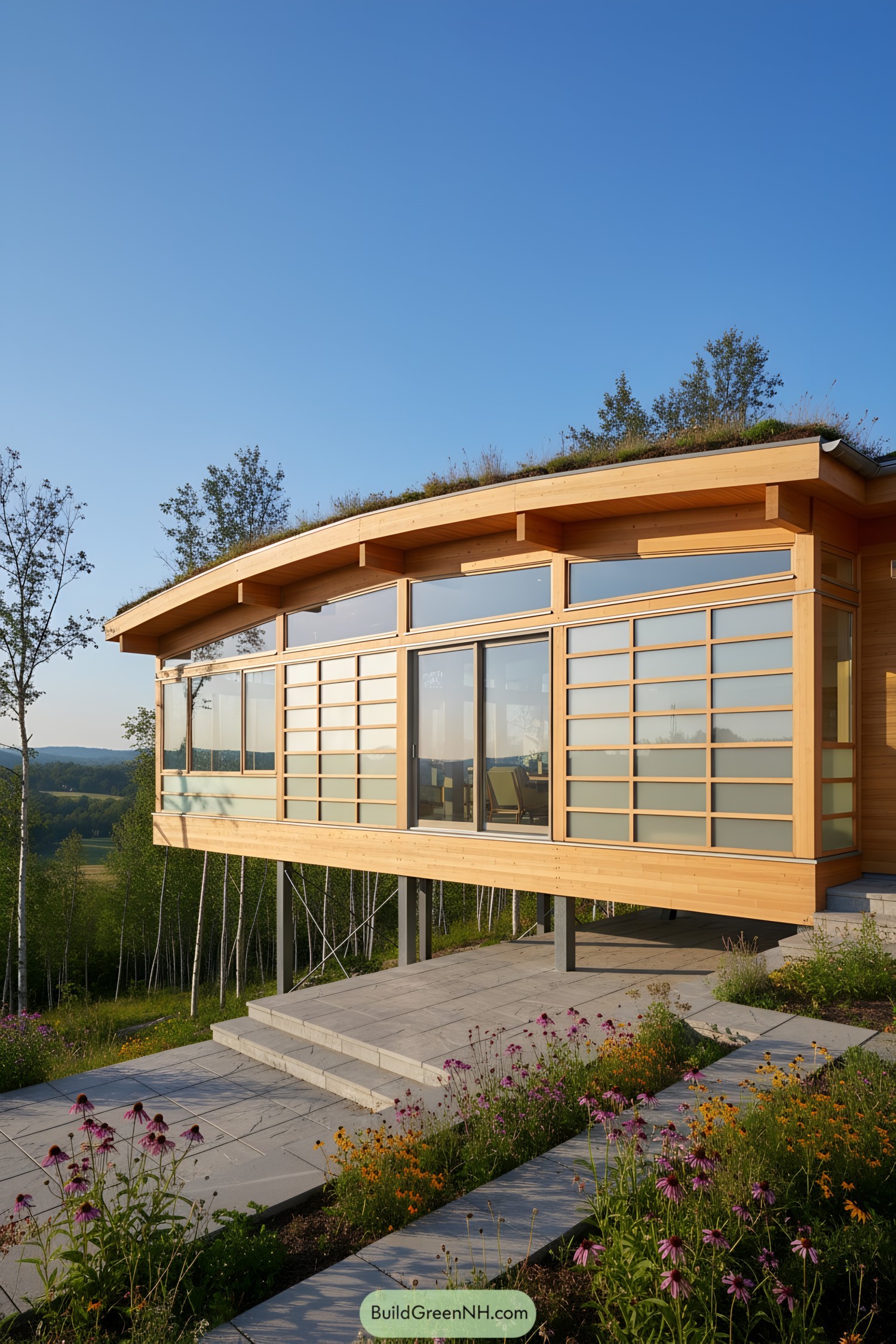 Modern house on stilts with a wooden design