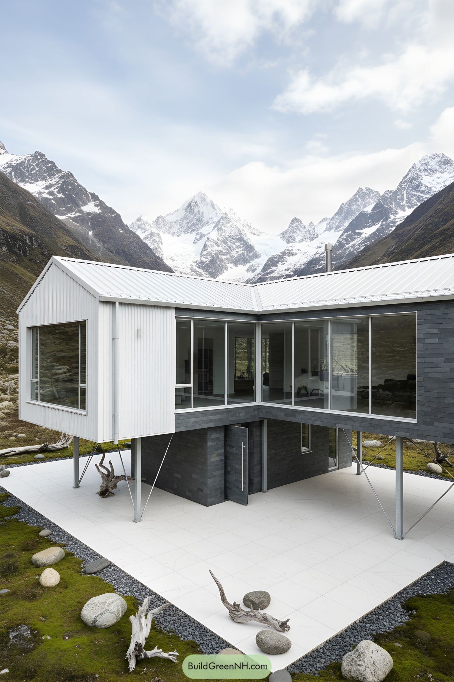 Modern house on stilts with large windows and a mountain backdrop