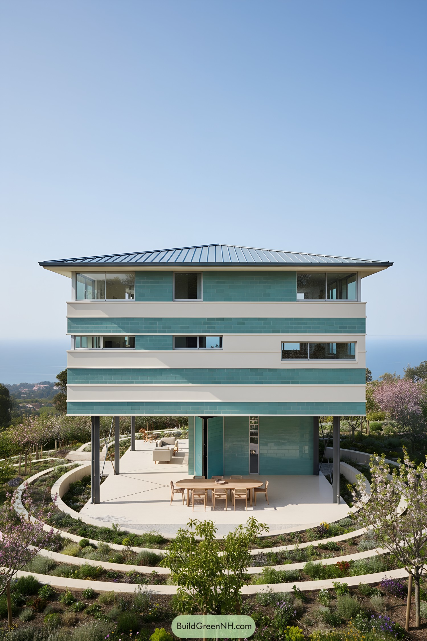 Modern house on stilts with outdoor space underneath