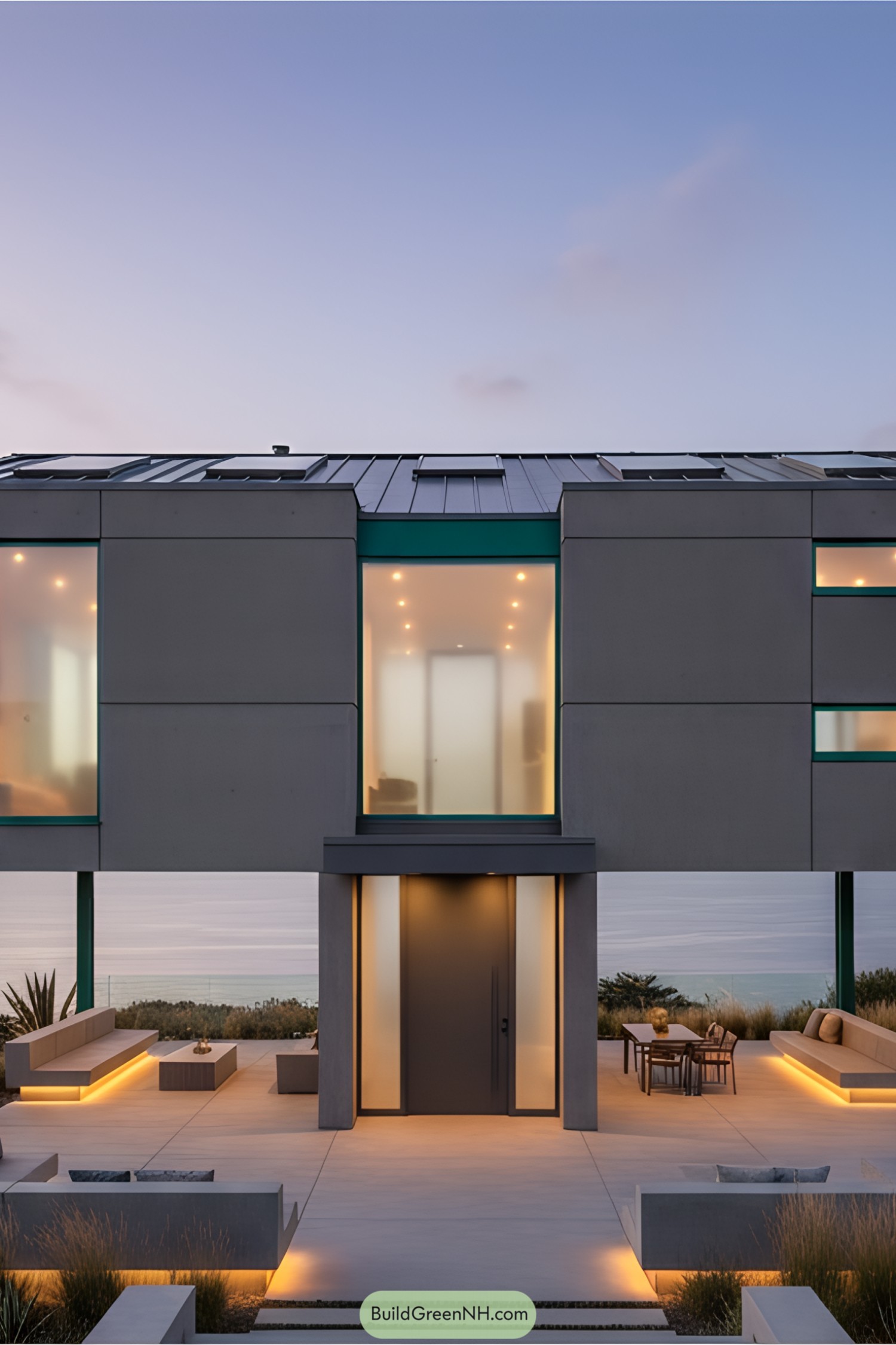 Modern house on stilts with sleek design and outdoor space beneath