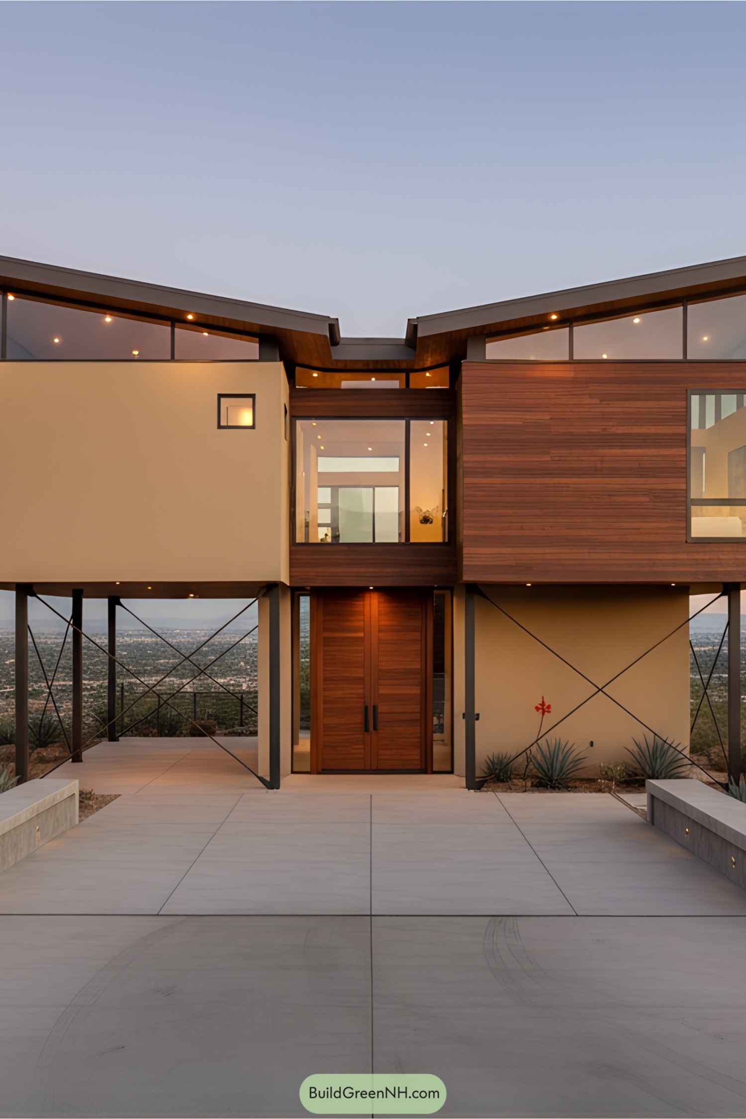 A modern stilt house with sleek wooden paneling and large windows