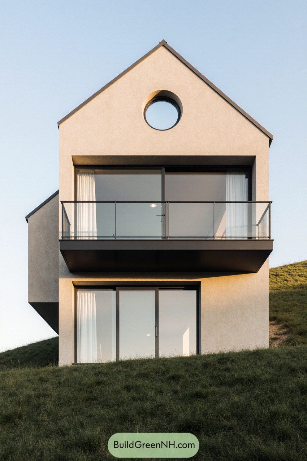 Modern concrete villa with circular window and glass balcony