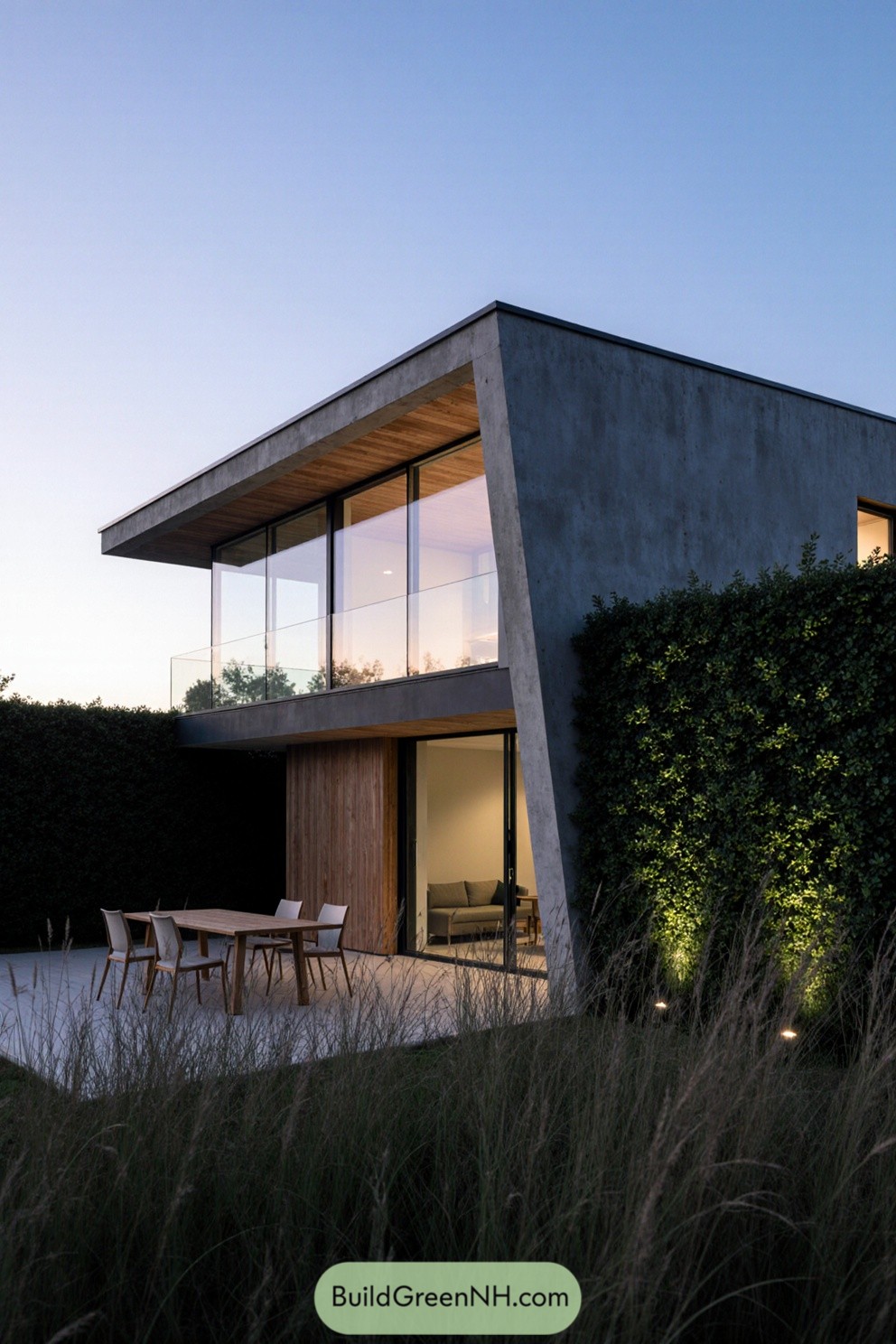 Modern concrete villa with large windows and lush surroundings
