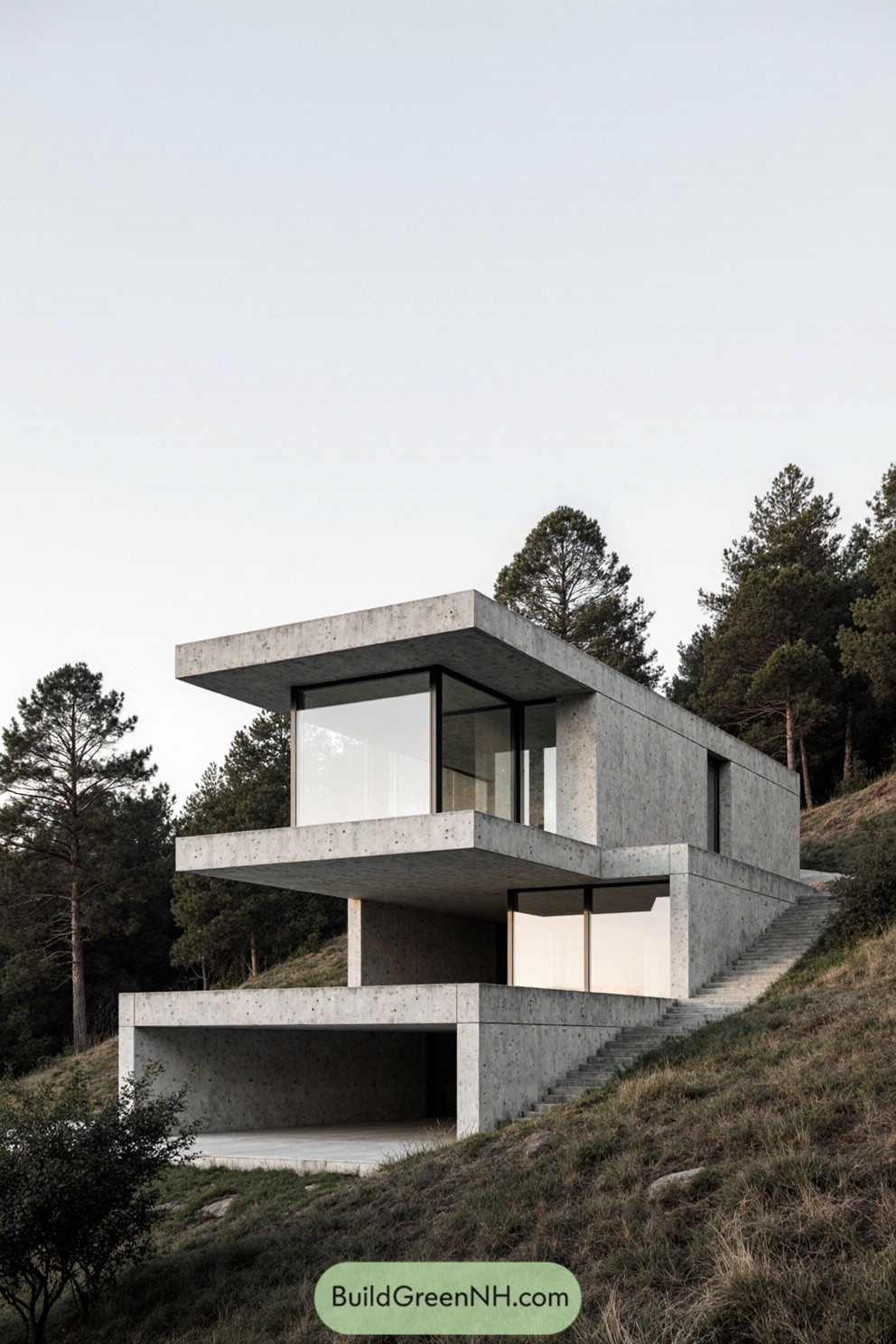 Modern concrete villa set against a forested hillside