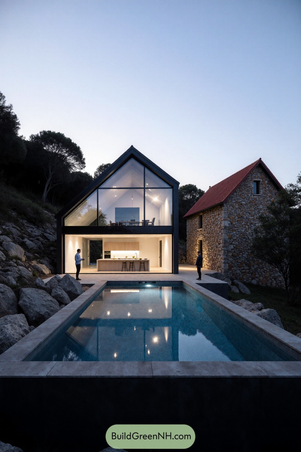 Contemporary villa with a pool and stone cottage