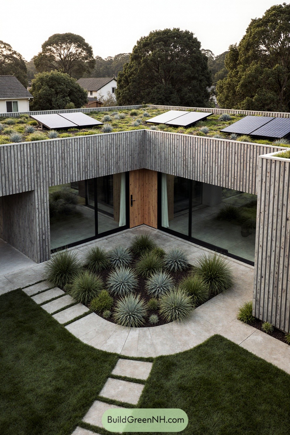 Modern house with vertical timber slats and a green roof