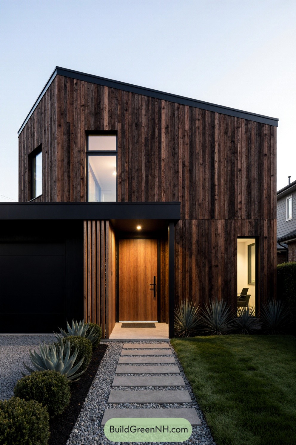 Modern house with vertical timber slat cladding and lush landscape