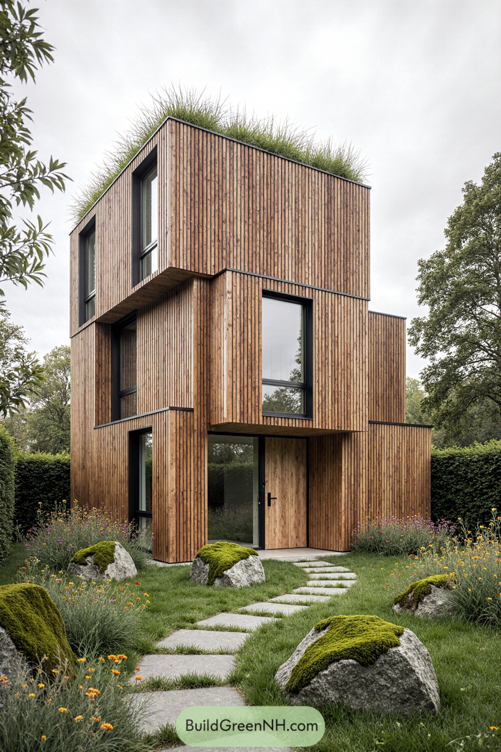 Modern house with vertical timber cladding and green roof