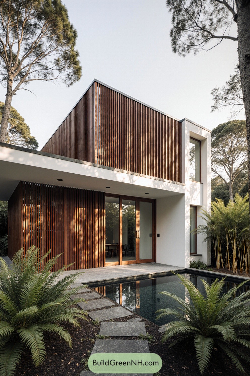 Modern house with vertical timber slats by a serene pool