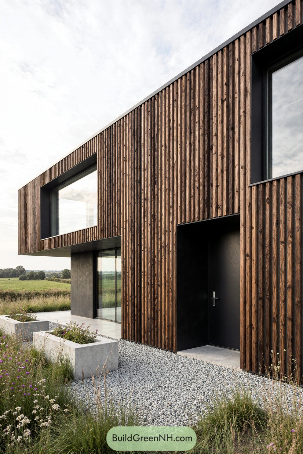 Modern house with vertical timber cladding and expansive windows