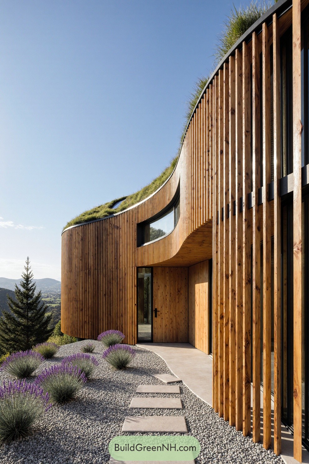 Curved timber slats on a modern house
