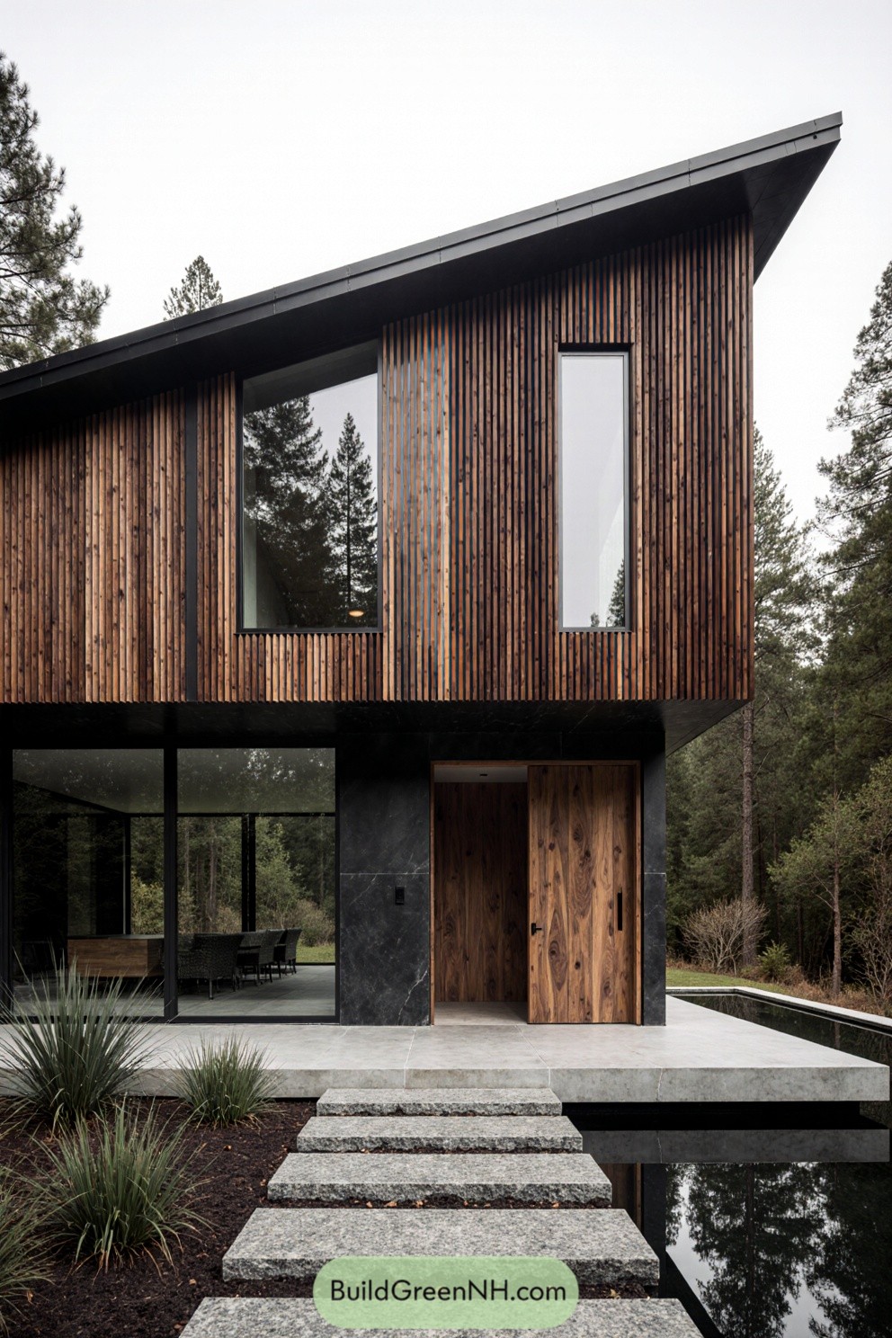 Modern house with vertical timber slats and large windows