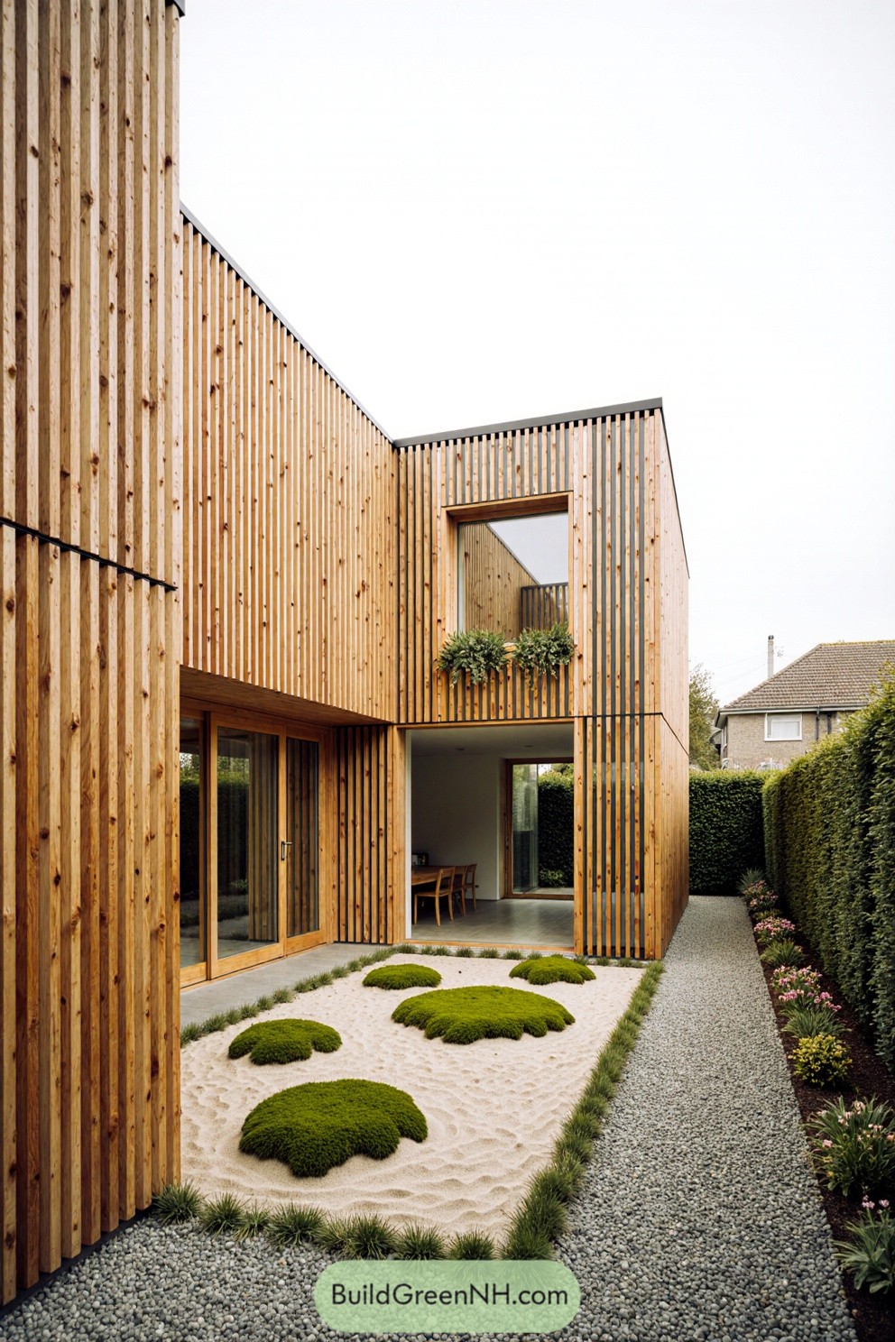 Modern house with vertical timber slat cladding and a zen garden