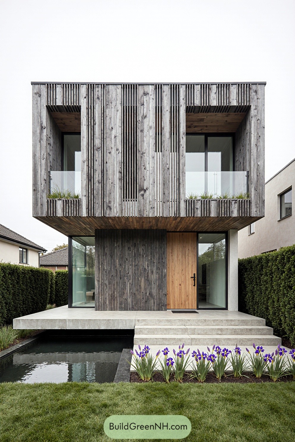 Modern house with vertical timber slats and glass accents