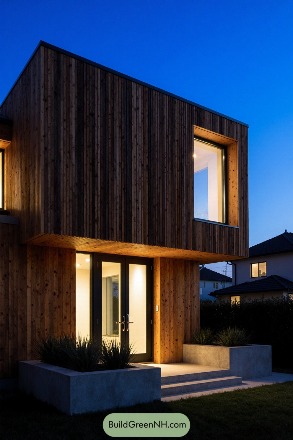 Modern house with vertical timber slats at dusk