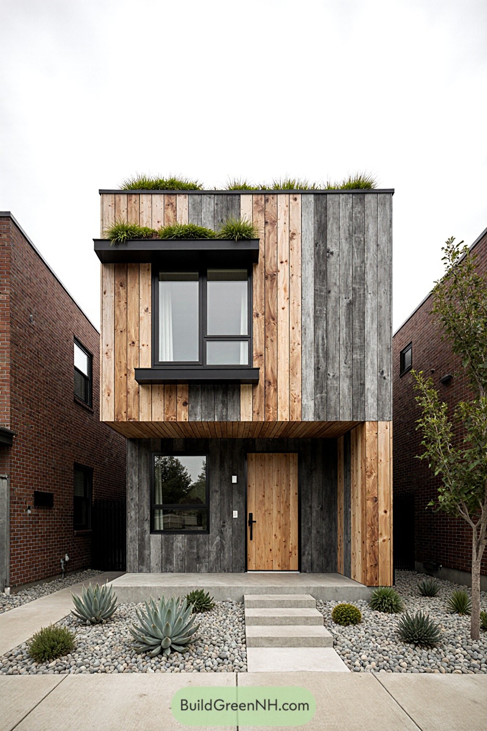 Modern house with vertical timber cladding and rooftop greenery
