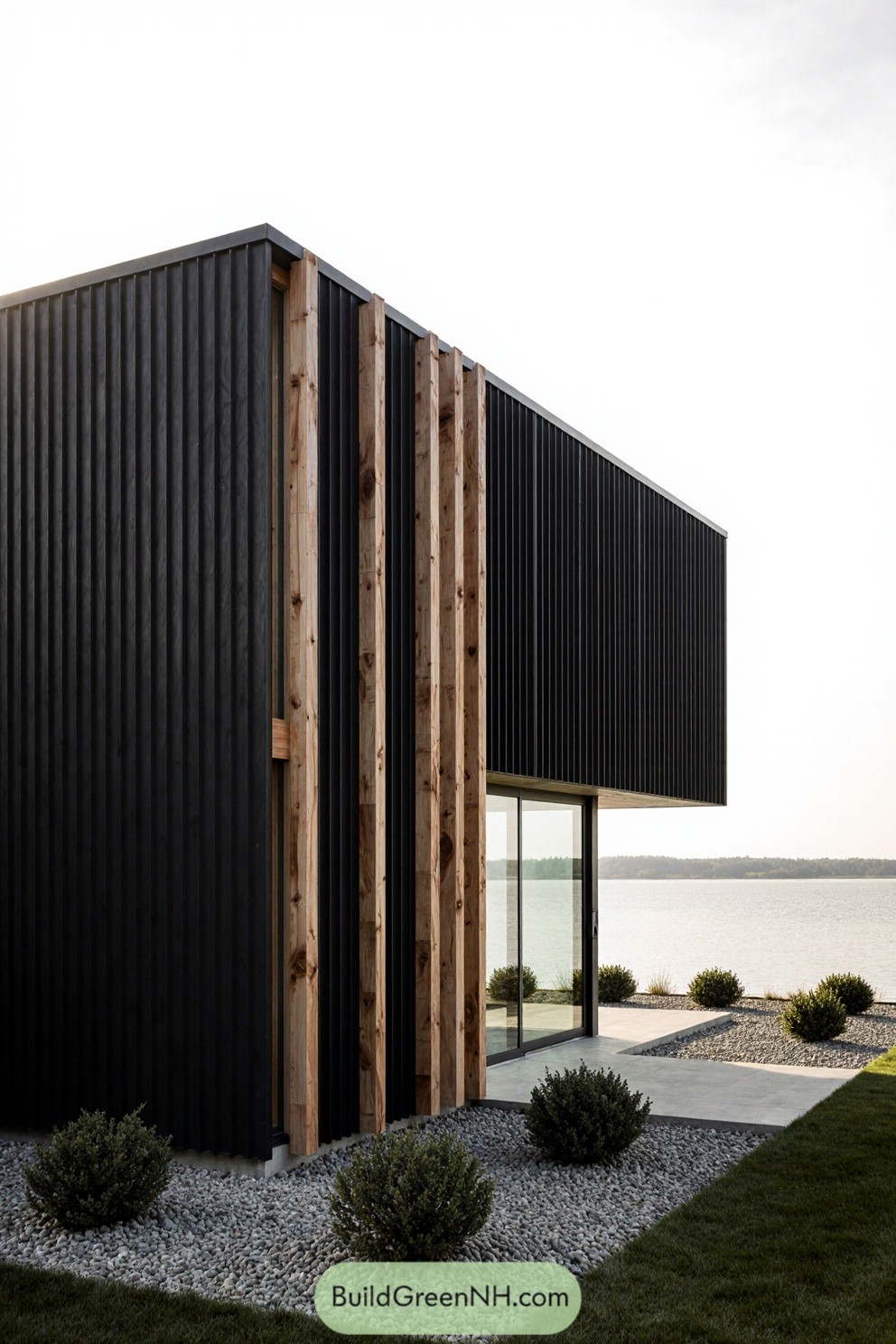 Modern house with vertical timber slat cladding by a lake