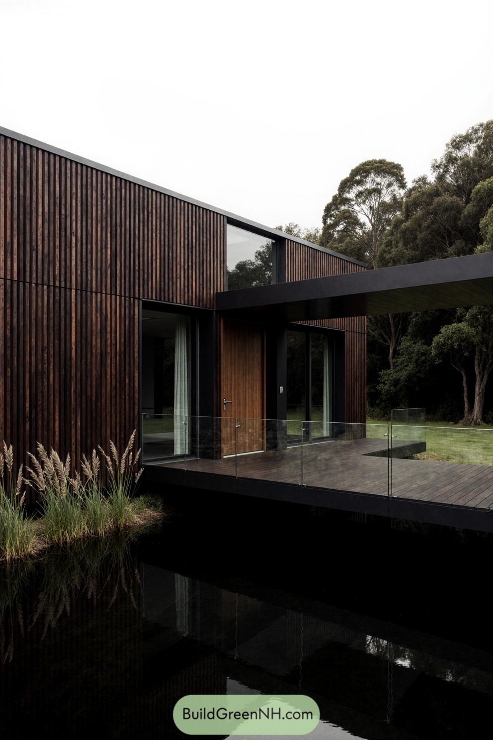 Modern house with vertical timber slats surrounded by nature