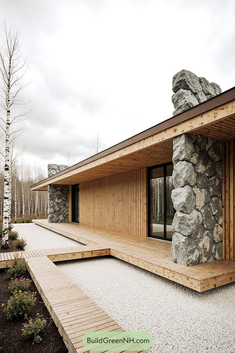 Modern house with timber cladding and stone features