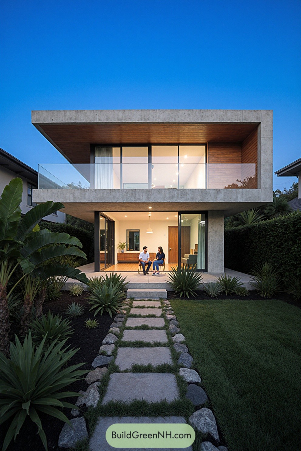 Modern concrete villa with large windows and a lush garden