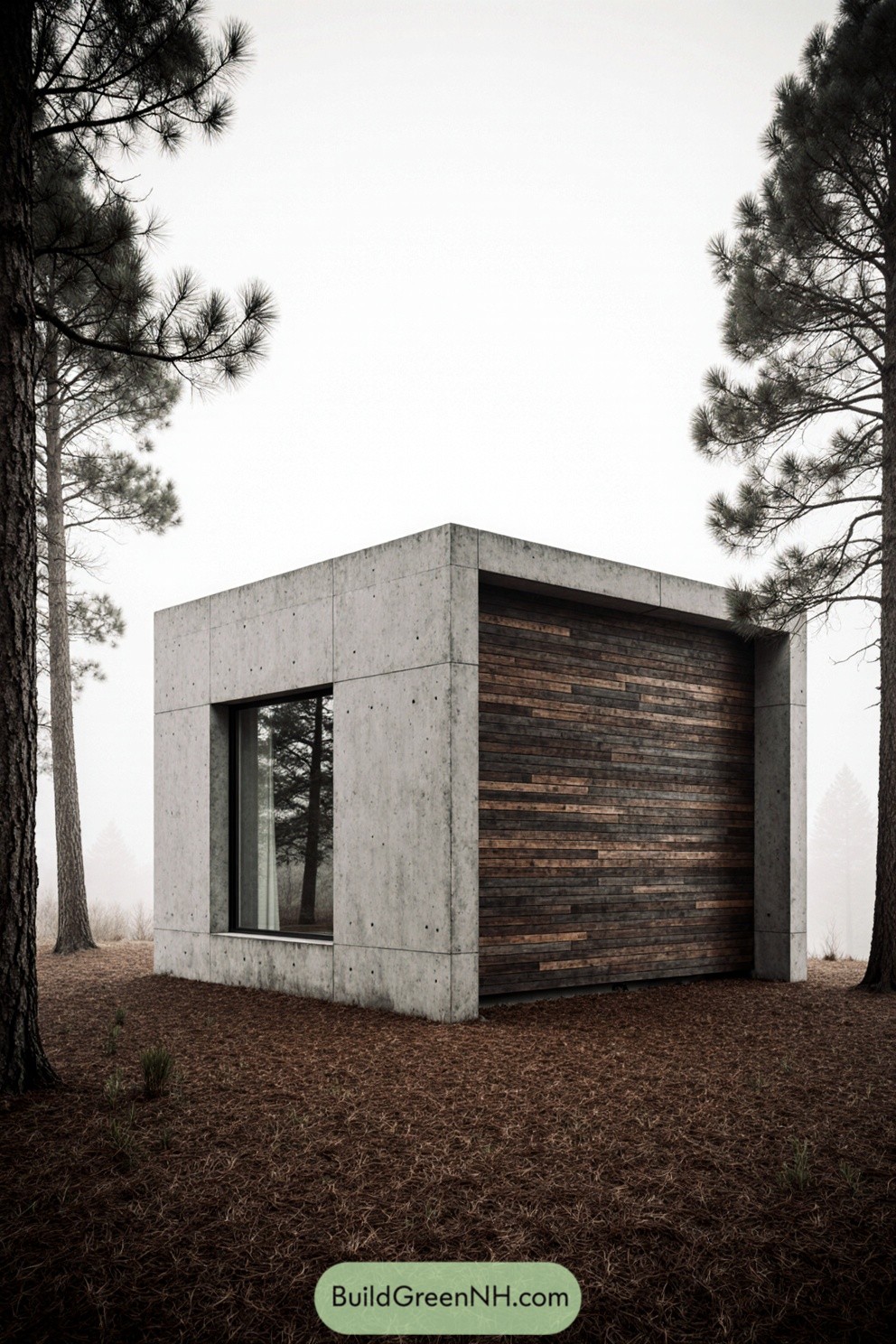 Small modern concrete cottage surrounded by tall trees