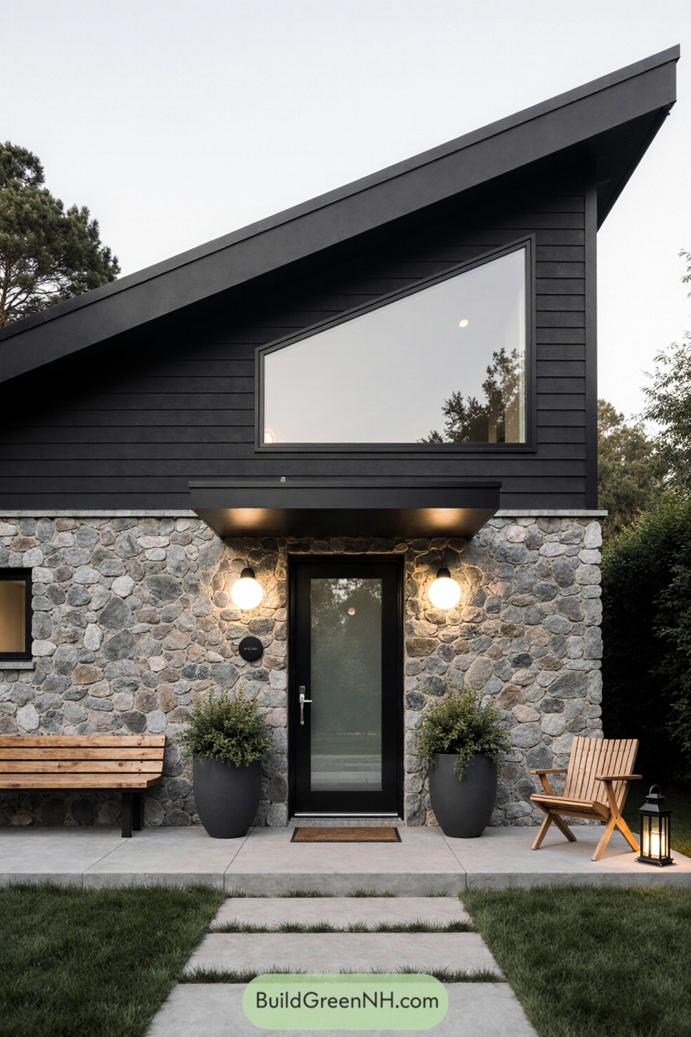 Modern house with stone façade and dark trim