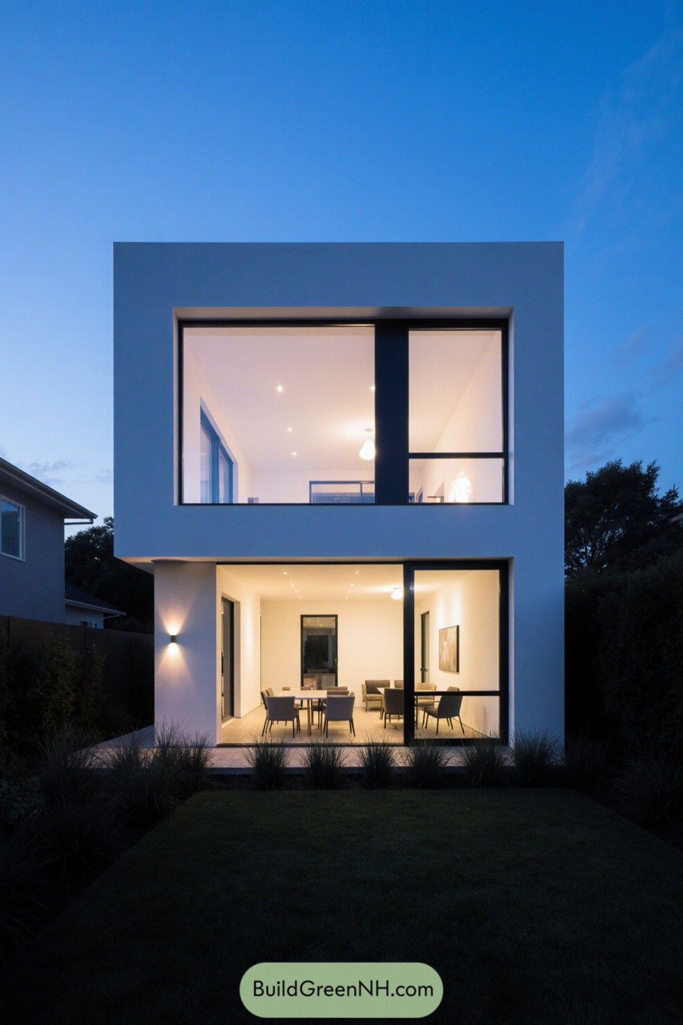 Modern concrete villa with large glass windows at dusk