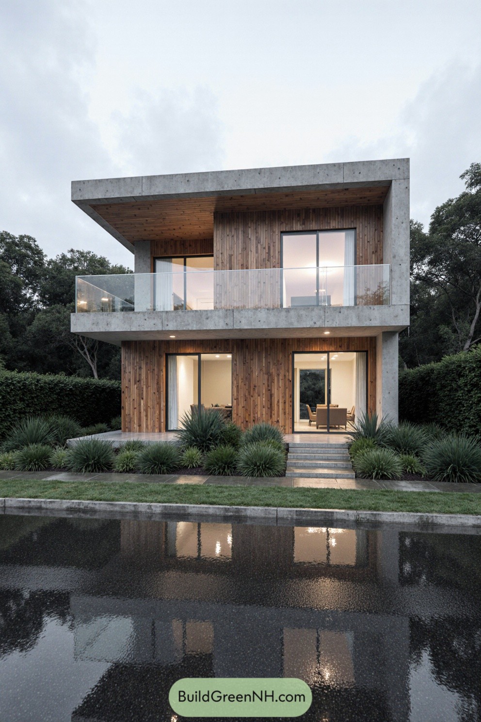 Modern concrete house with wooden accents and glass balconies