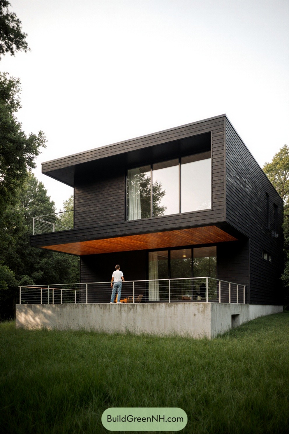 Modern concrete house with large windows and a grassy yard