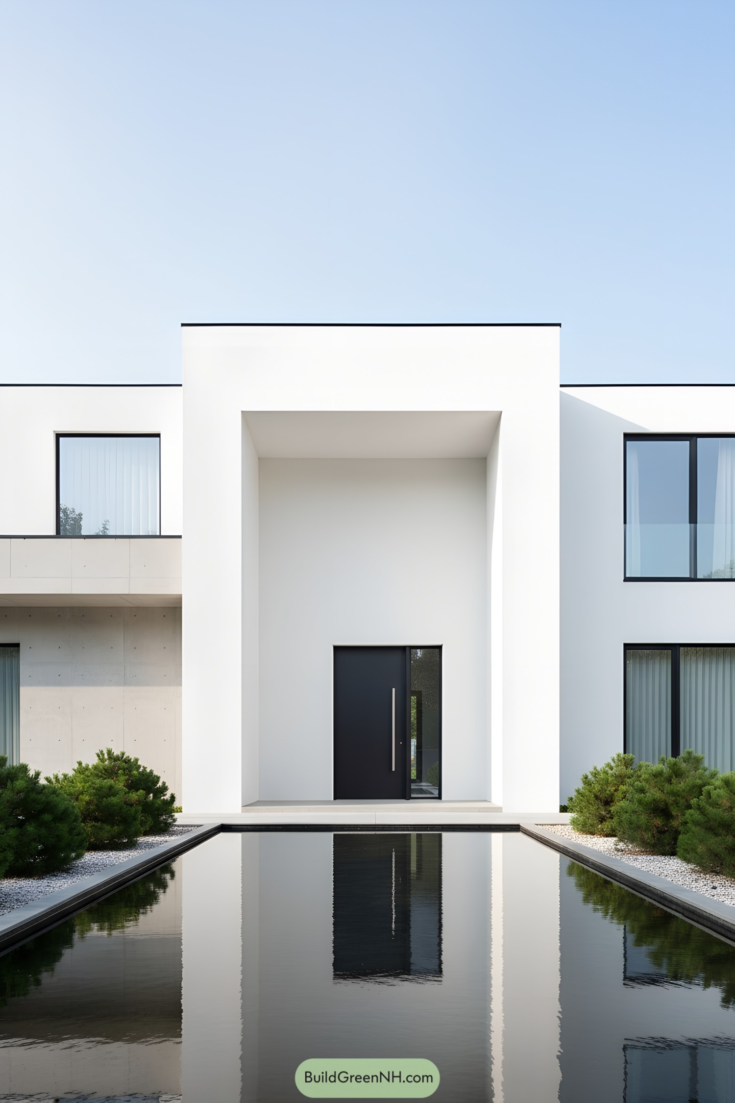 Front view of a modern home with a sleek facade and reflective water feature