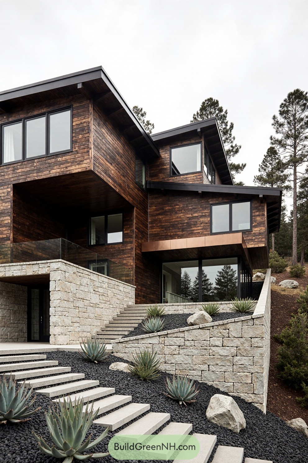 Modern house with timber slats and stone facade