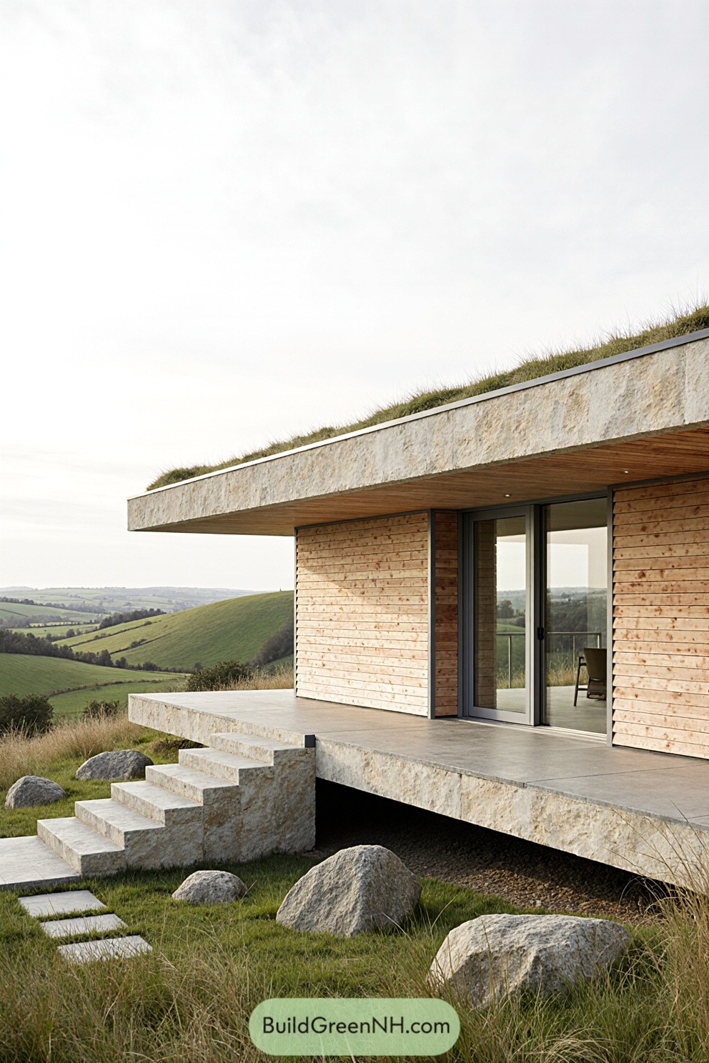 Modern house with timber slats and a grass-topped stone roof