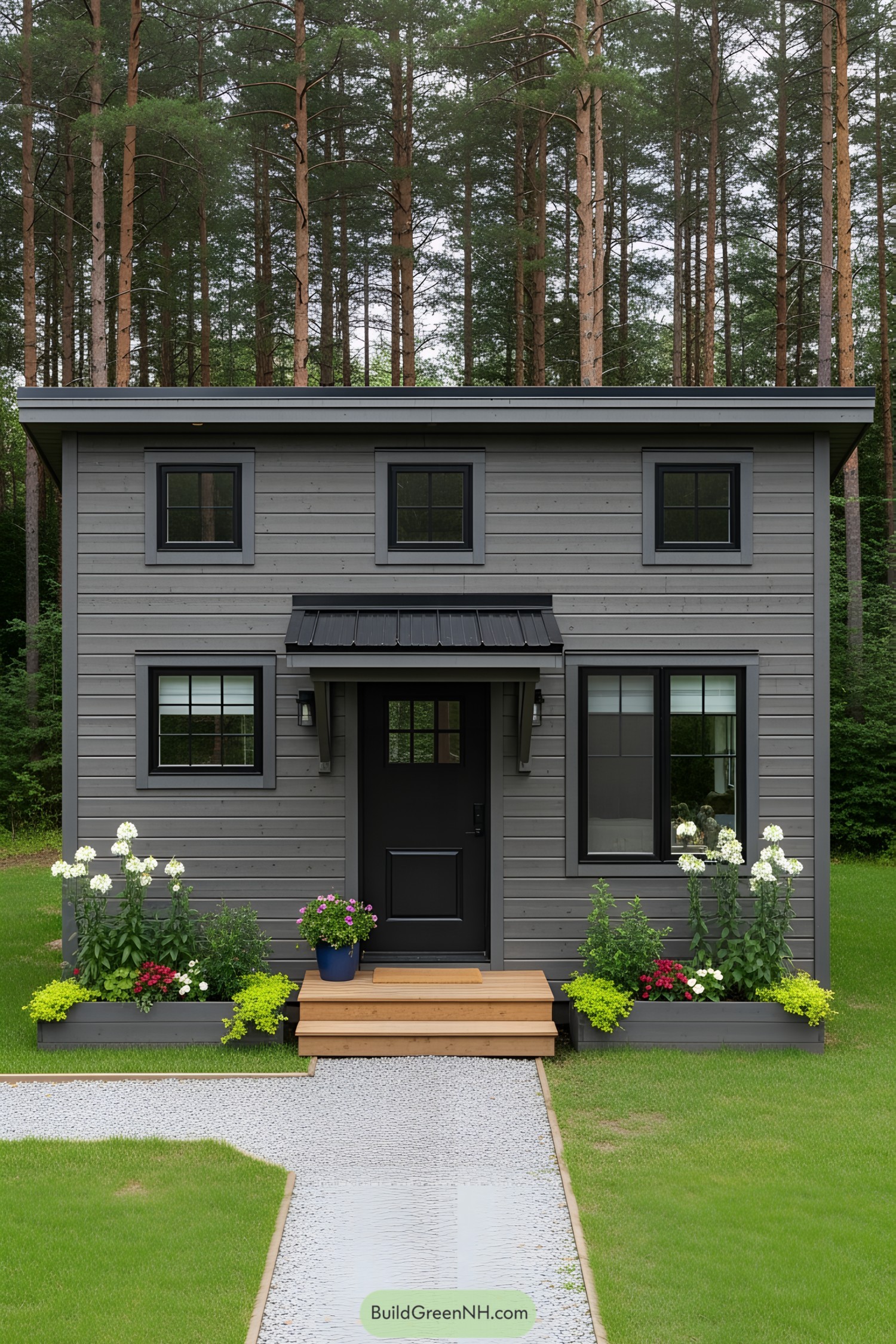 Gray cottage with dark accents and flowerbeds