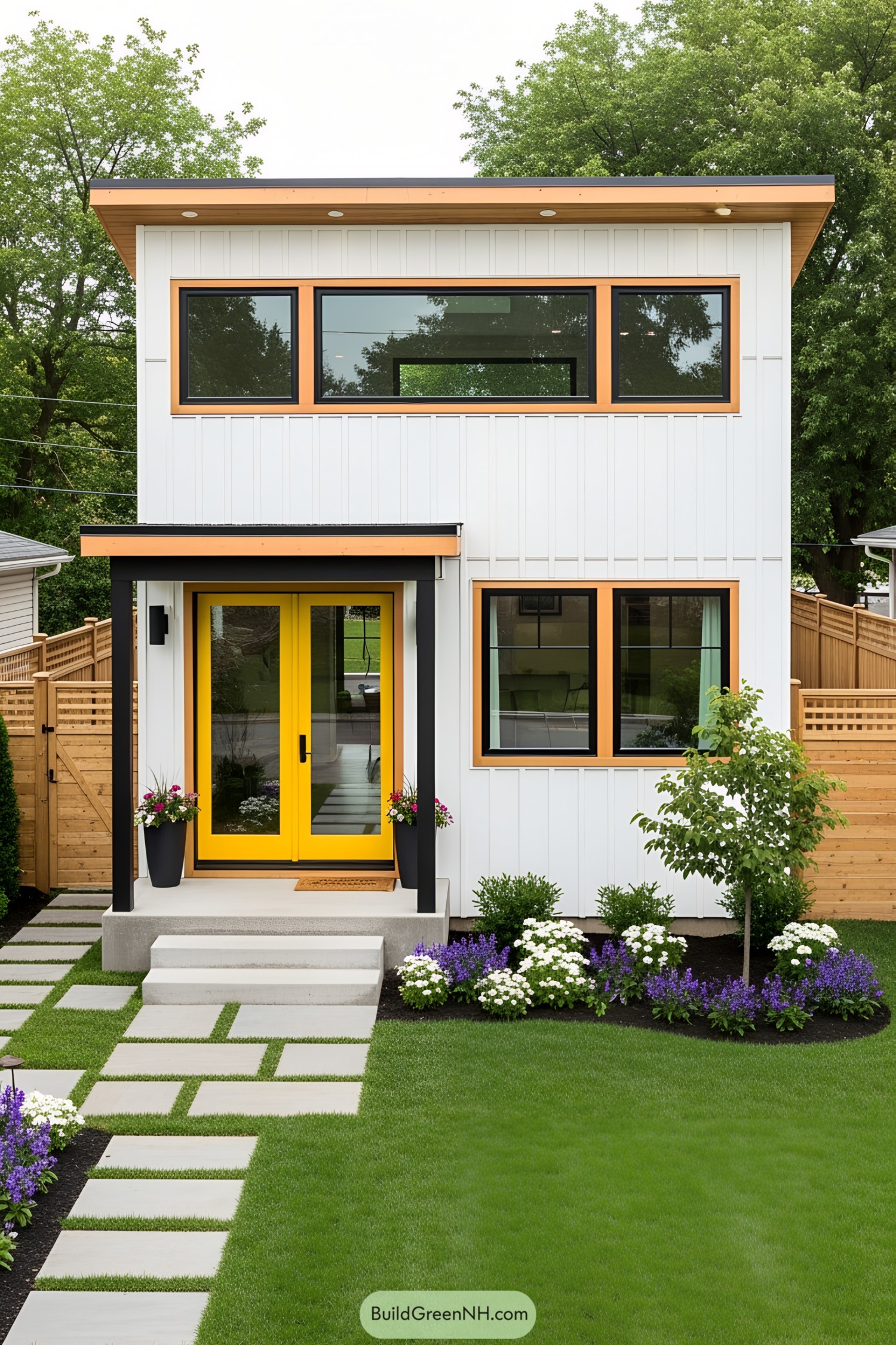 Compact modern cottage with a bright yellow door