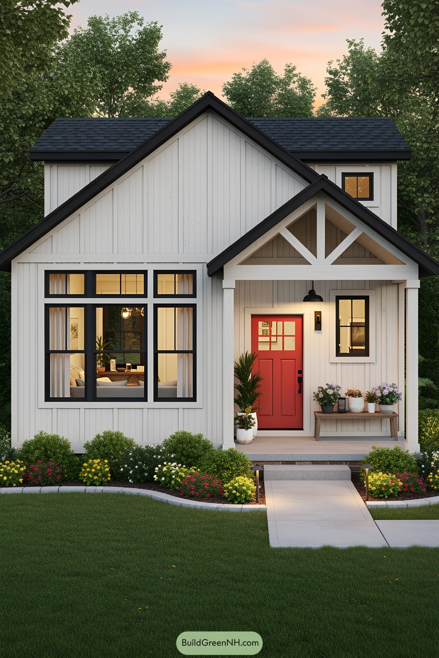Cute cottage with a red front door at sunset