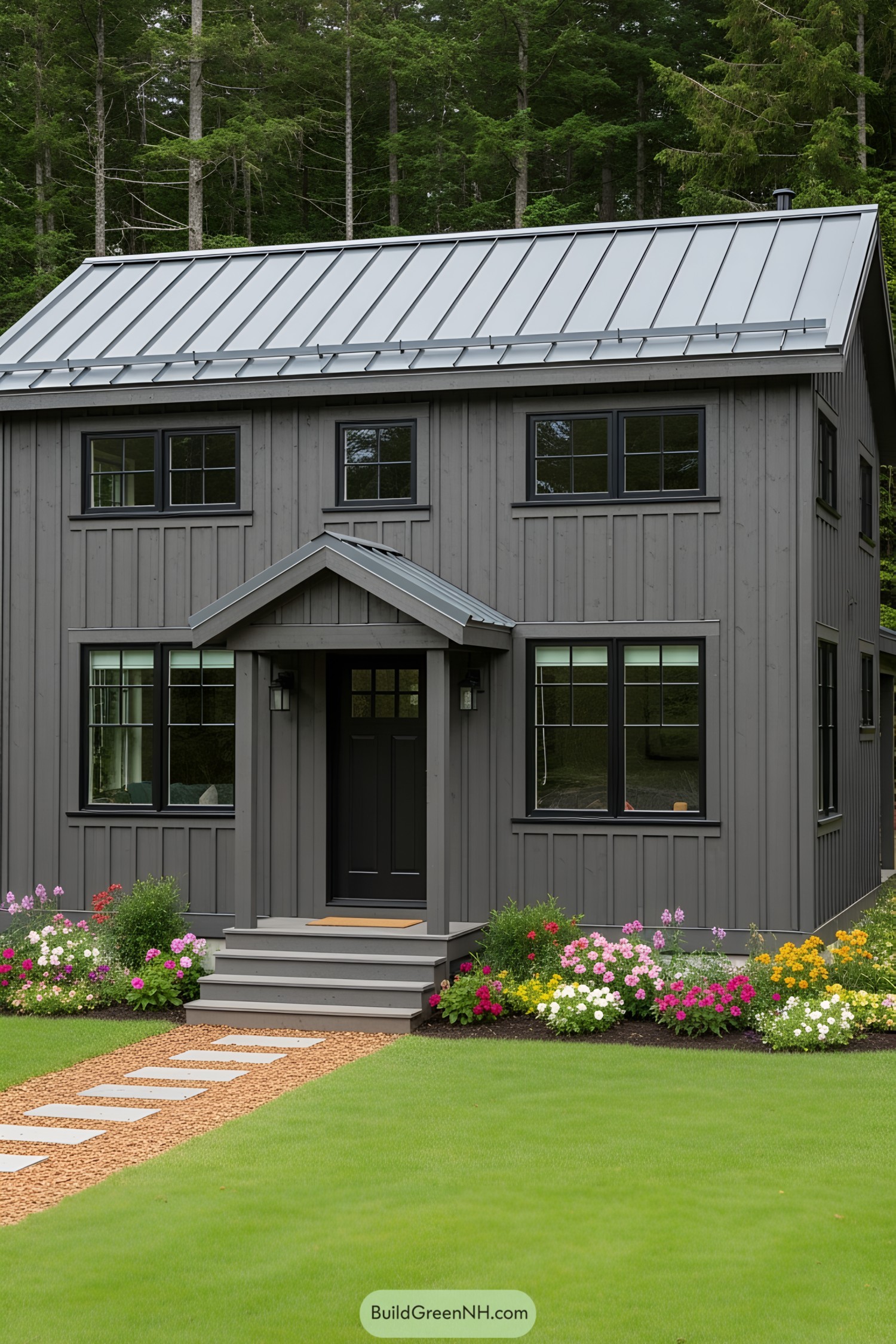Gray cottage surrounded by vibrant flowers