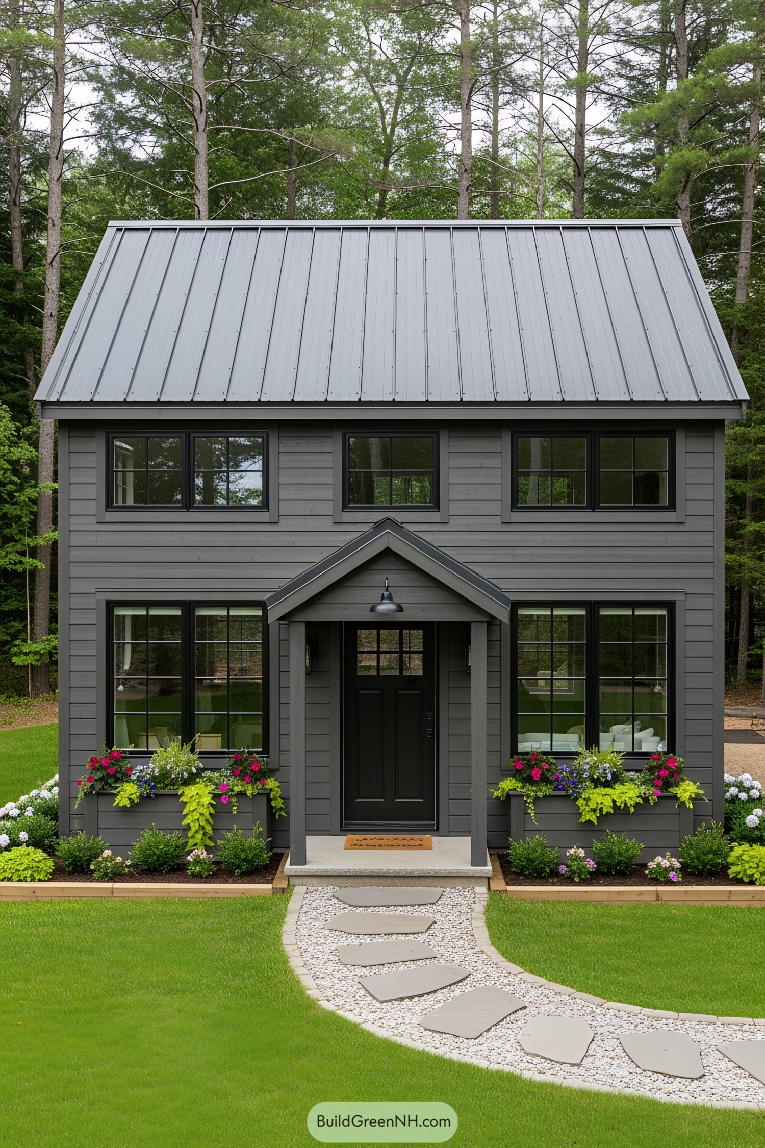Gray cottage with metal roof and flower boxes