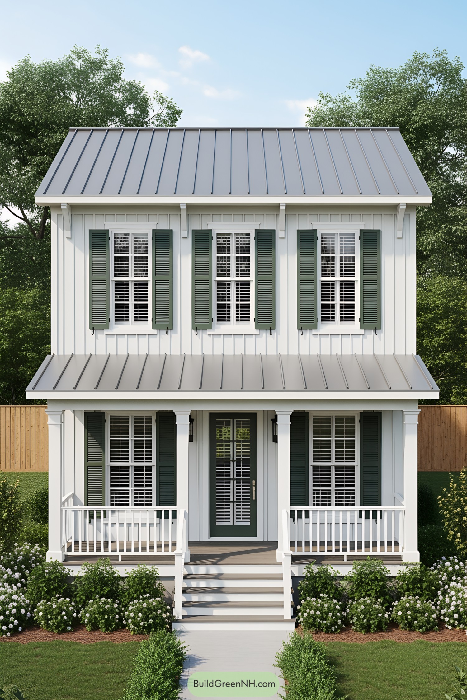 Charming small cottage with green shutters and welcoming porch